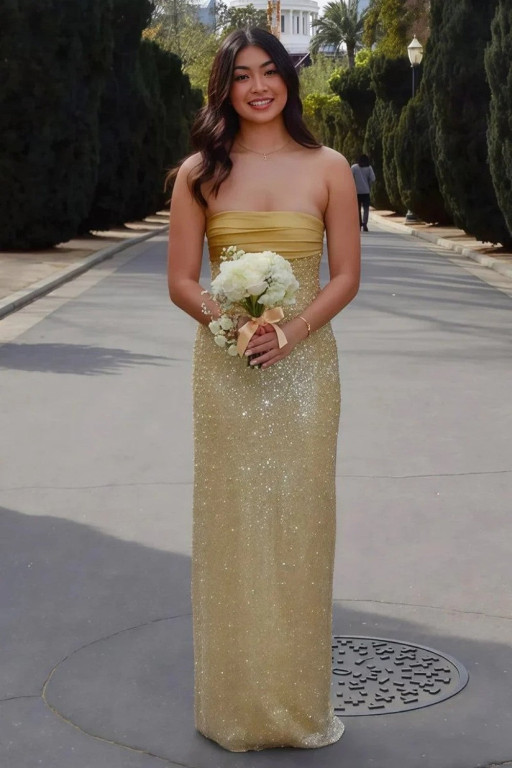 Bling Sheath Strapless Lilac Long Prom Dress with Pearls Slit