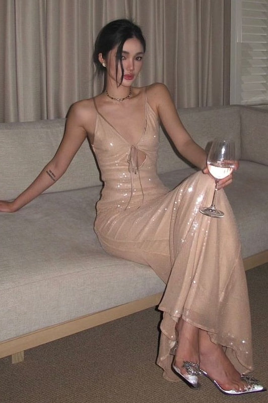 Bling Mermaid Spaghetti Straps Light Champagne Sequins Long Prom Dress