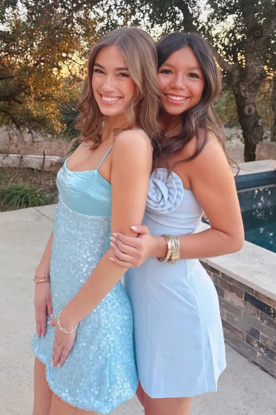 Bling Sheath Spaghetti Straps Blue Short Homecoming Dress with Sequins