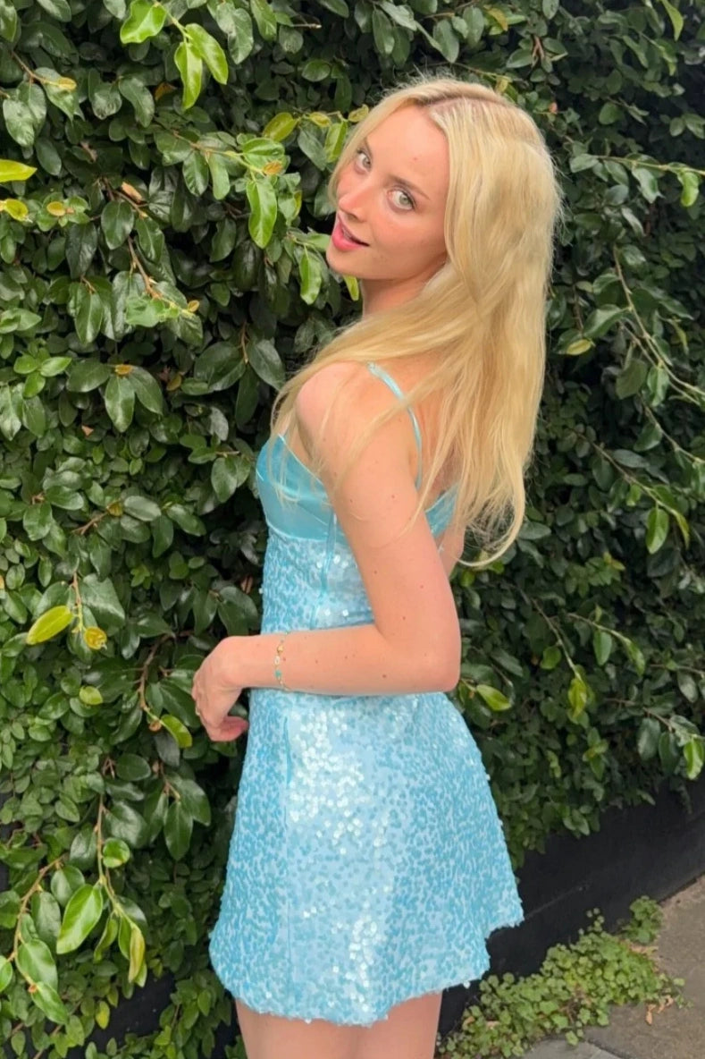Bling Sheath Spaghetti Straps Blue Short Homecoming Dress with Sequins