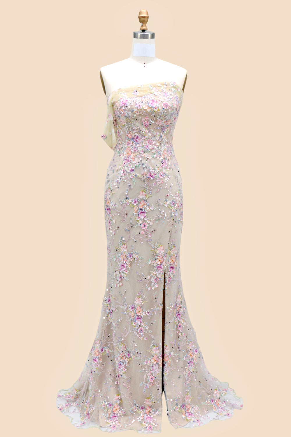Blossom Shimmer One Shoulder Sequin Prom Dress with Floral Embellishments