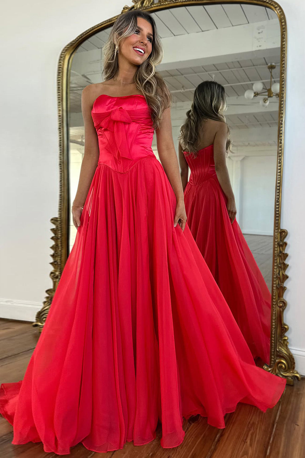 Blue Flowing Chiffon Strapless Corset Prom Dress with Bow Bodice