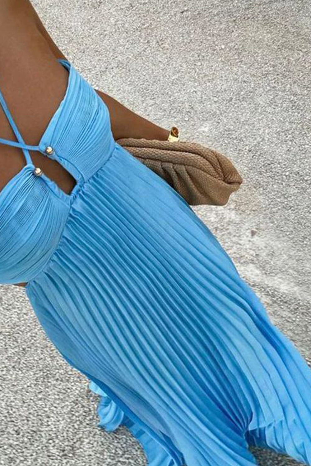 Blue A-Line Long Pleated Cutout Prom Dress with Spaghetti Straps