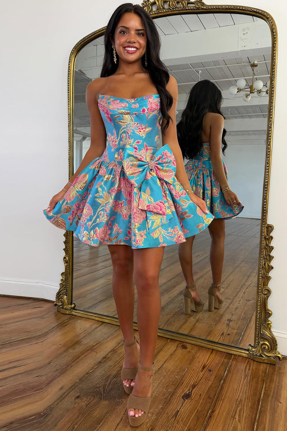 Blue Floral Jacquard Strapless Homecoming Dress with Oversized Bow Mini Dress