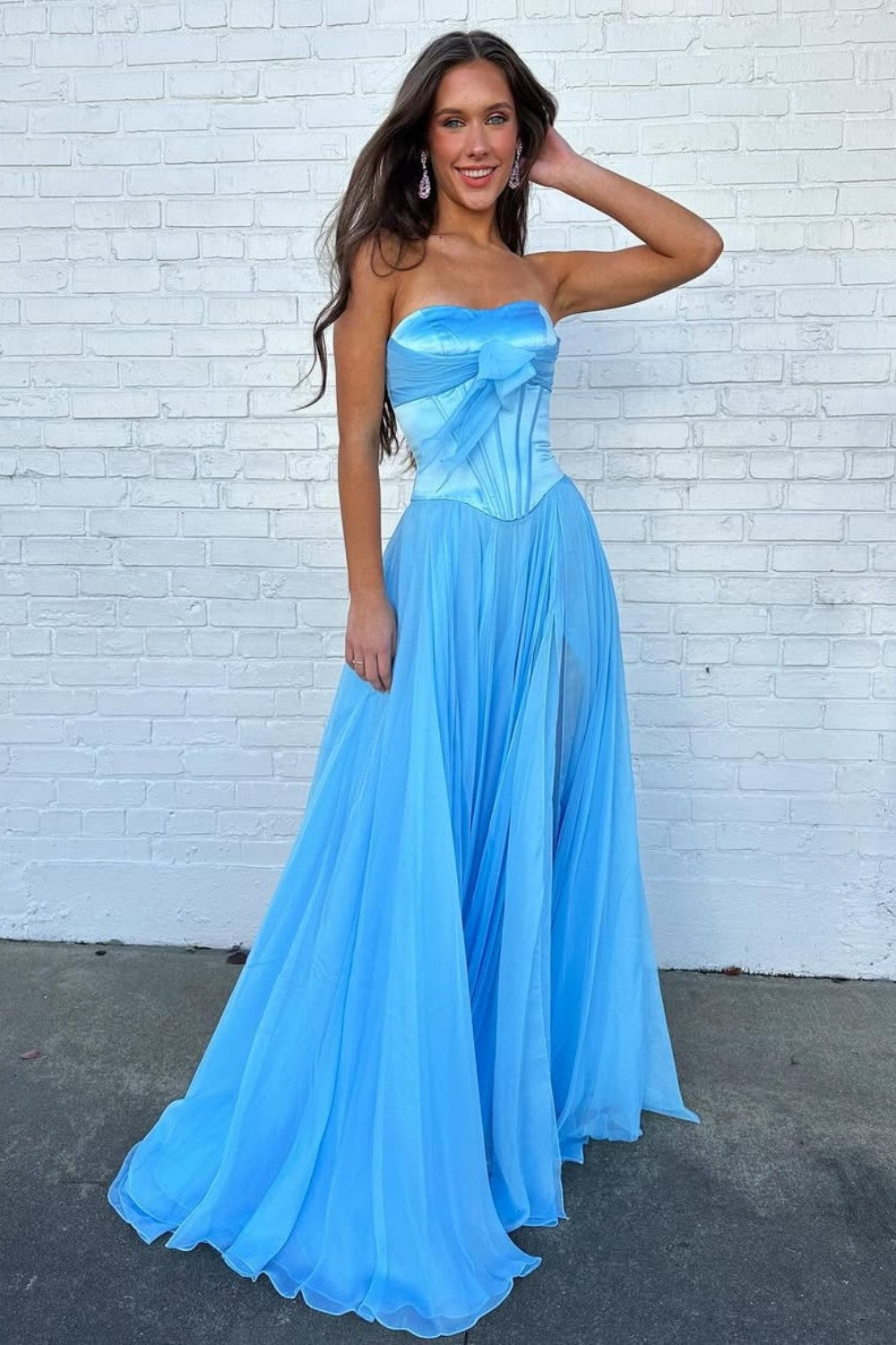 Blue Flowing Chiffon Strapless Corset Prom Dress with Bow Bodice