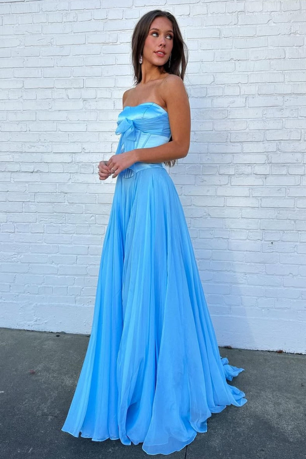 Blue Flowing Chiffon Strapless Corset Prom Dress with Bow Bodice