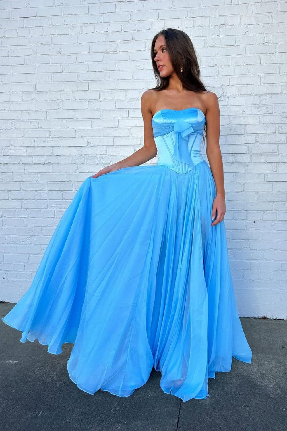 Blue Flowing Chiffon Strapless Corset Prom Dress with Bow Bodice