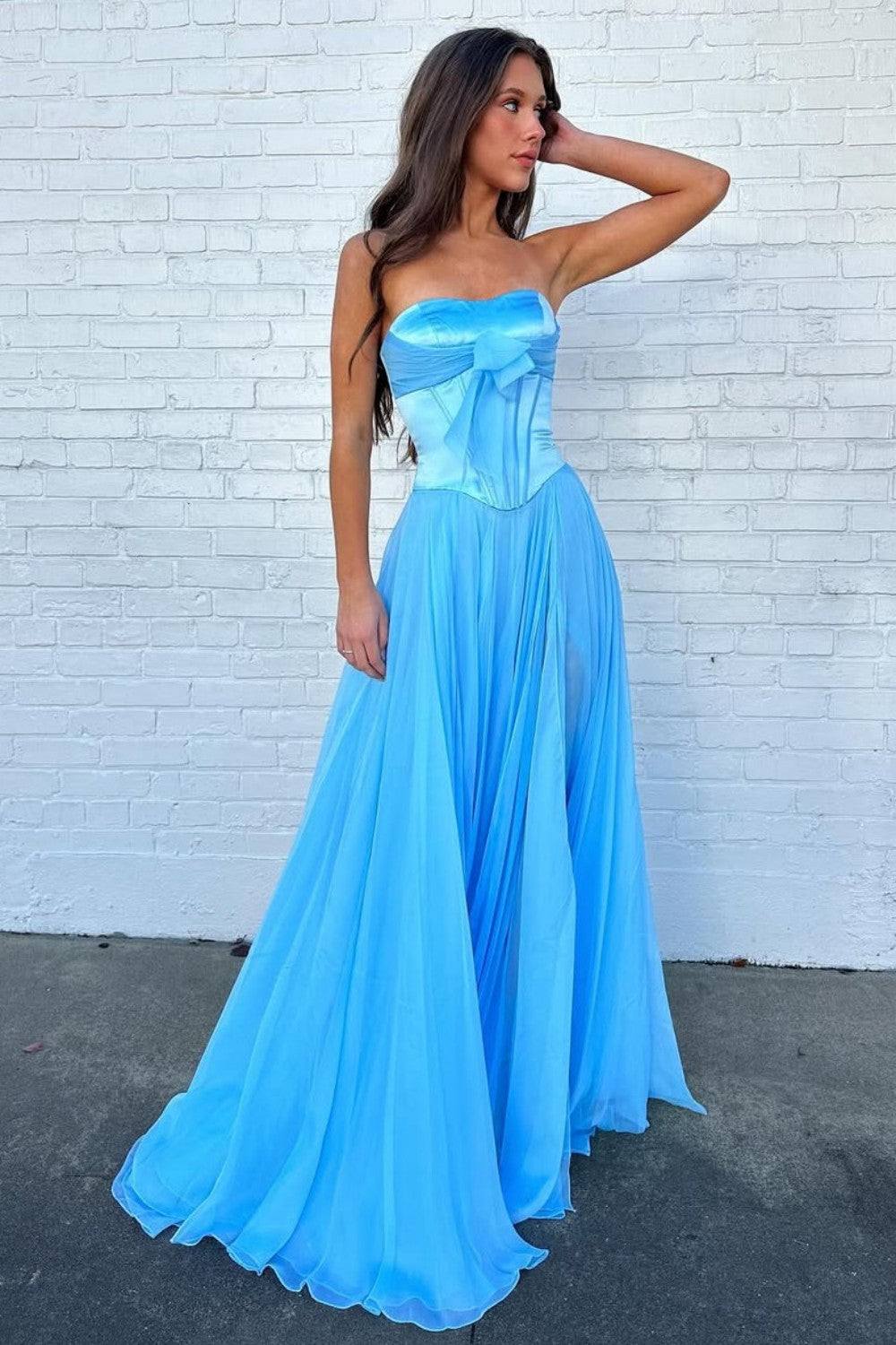 Blue Flowing Chiffon Strapless Corset Prom Dress with Bow Bodice