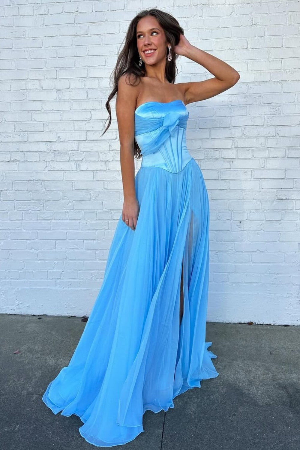 Blue Flowing Chiffon Strapless Corset Prom Dress with Bow Bodice