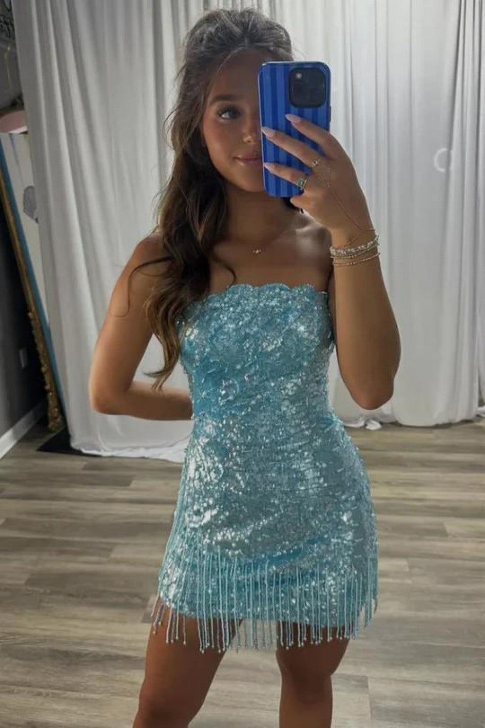 Blue Glitter Strapless Sequin Mini Homecoming Dress with Fringe