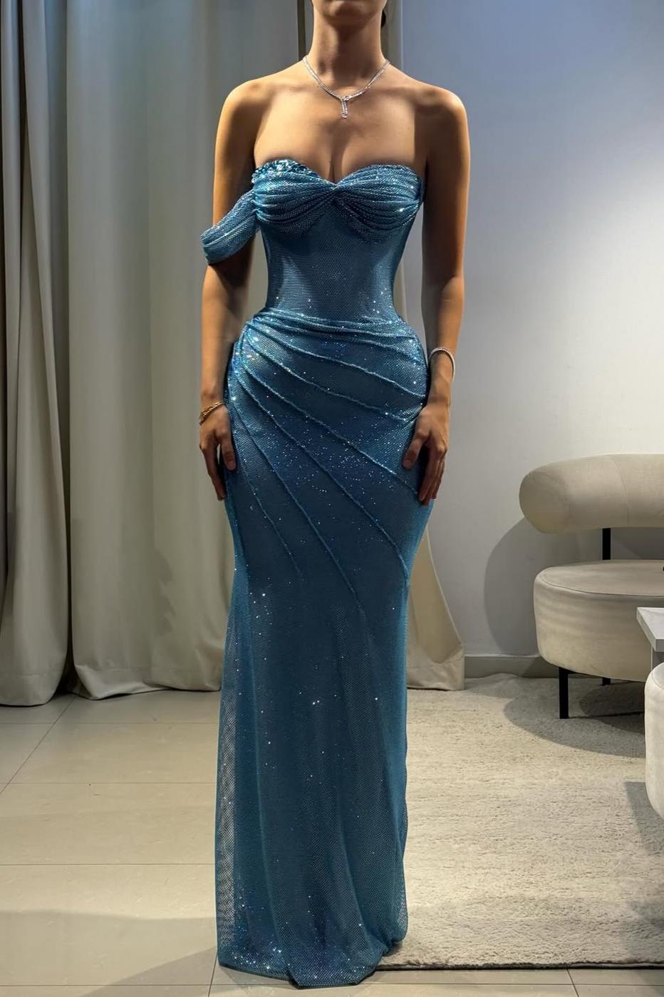 Blue One-Shoulder Sparkly Mermaid Prom Dress with Ruched Detailing