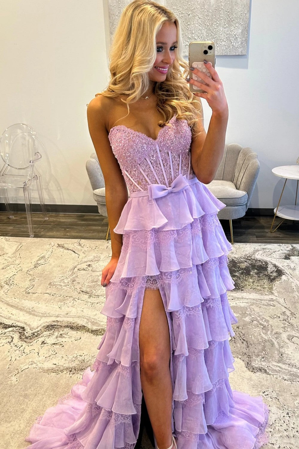 Blush Pink A-Line Lace Corset Prom Dress with Tiered Ruffle Skirt & Slit