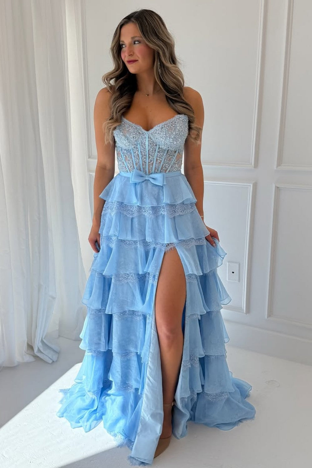 Blush Pink A-Line Lace Corset Prom Dress with Tiered Ruffle Skirt & Slit