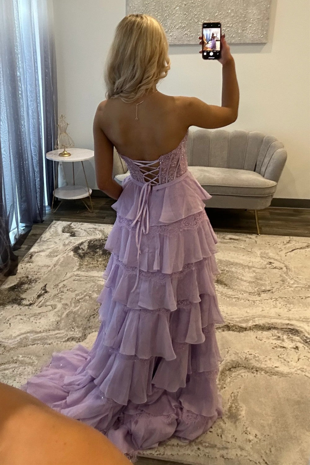 Blush Pink A-Line Lace Corset Prom Dress with Tiered Ruffle Skirt & Slit