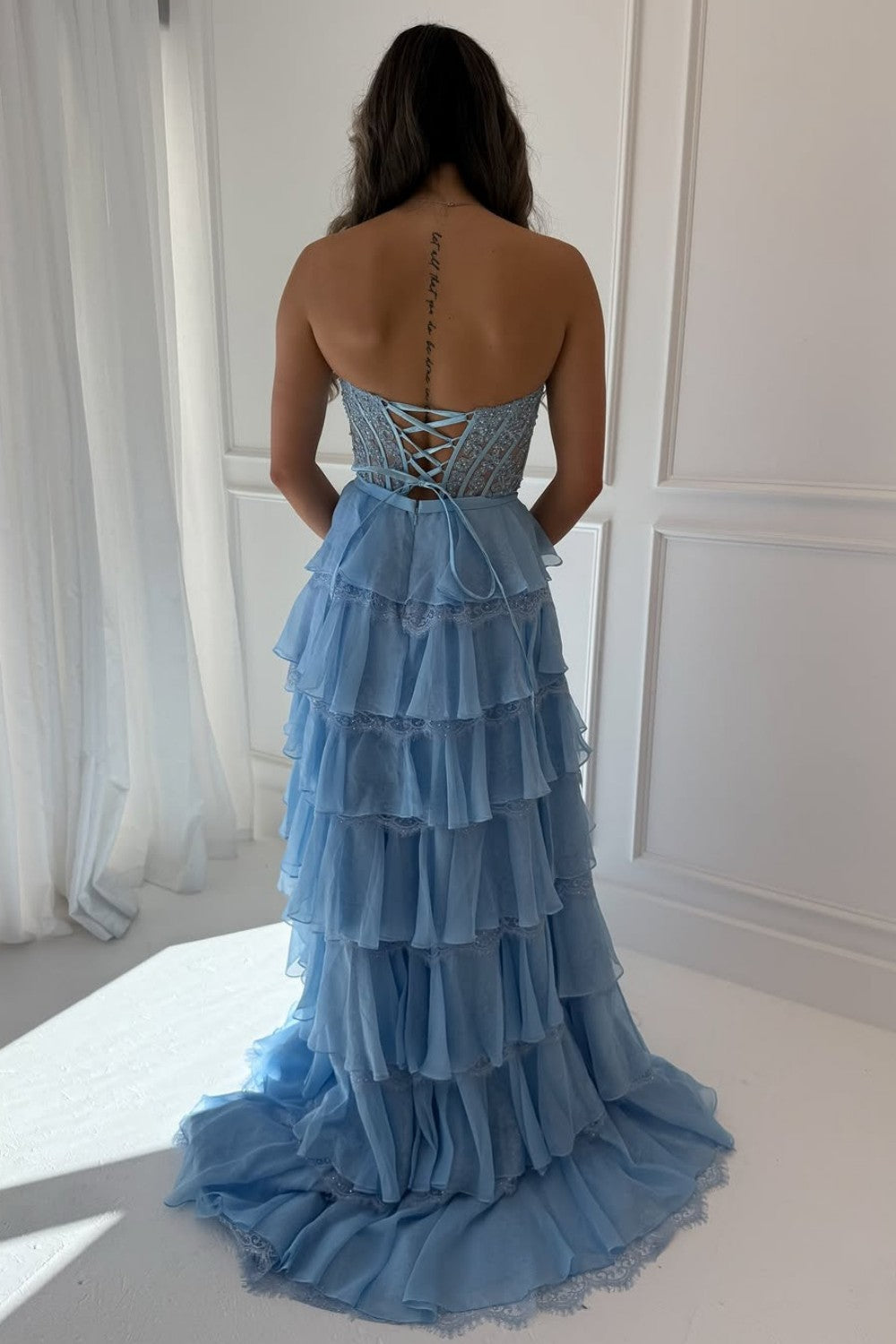 Blush Pink A-Line Lace Corset Prom Dress with Tiered Ruffle Skirt & Slit