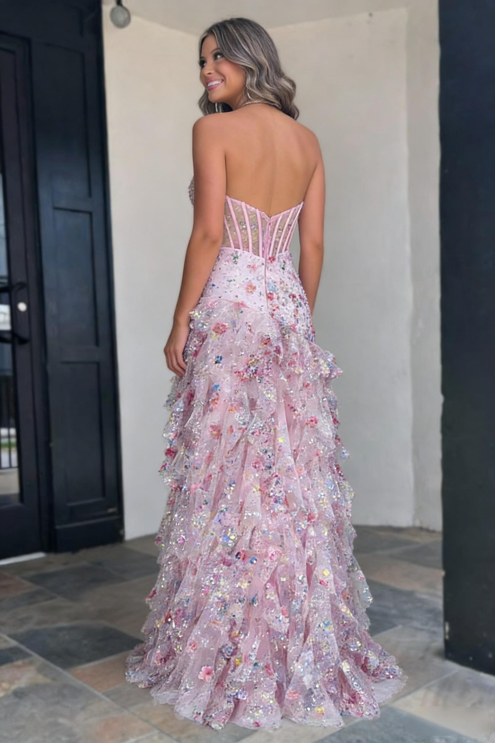 Blush Pink Floral Appliqué Halter Neck Ruffle Prom Gown with Corset Bodice