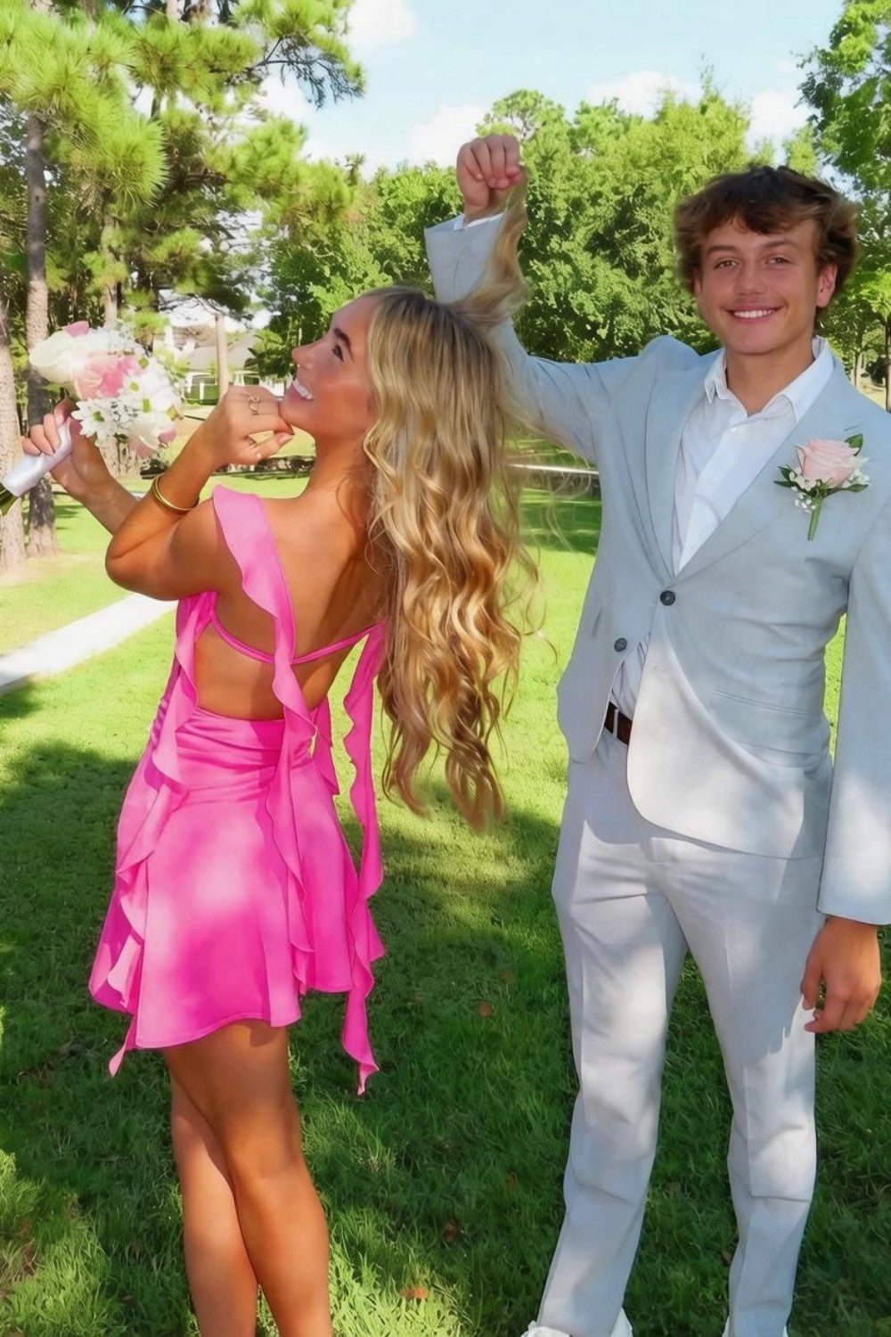 Blush Pink Ruffle Strap Mini Homecoming Dress with Side Cutouts