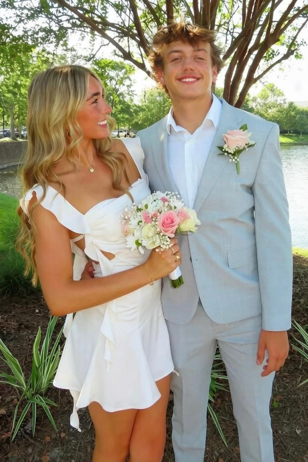 Blush Pink Ruffle Strap Mini Homecoming Dress with Side Cutouts