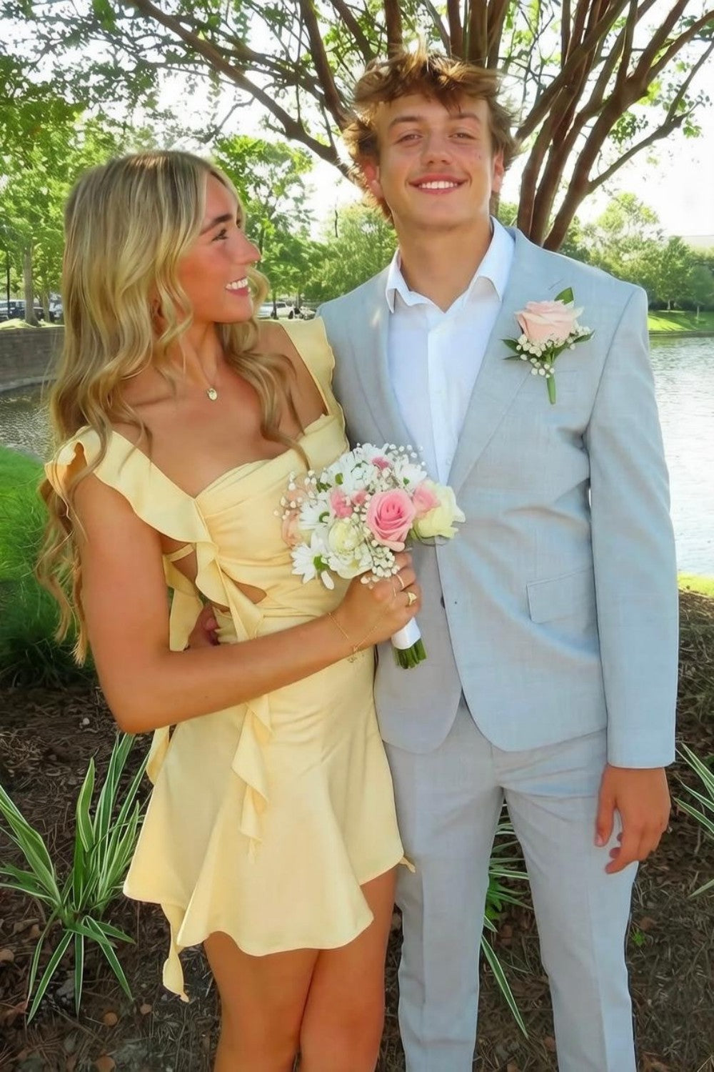 Blush Pink Ruffle Strap Mini Homecoming Dress with Side Cutouts