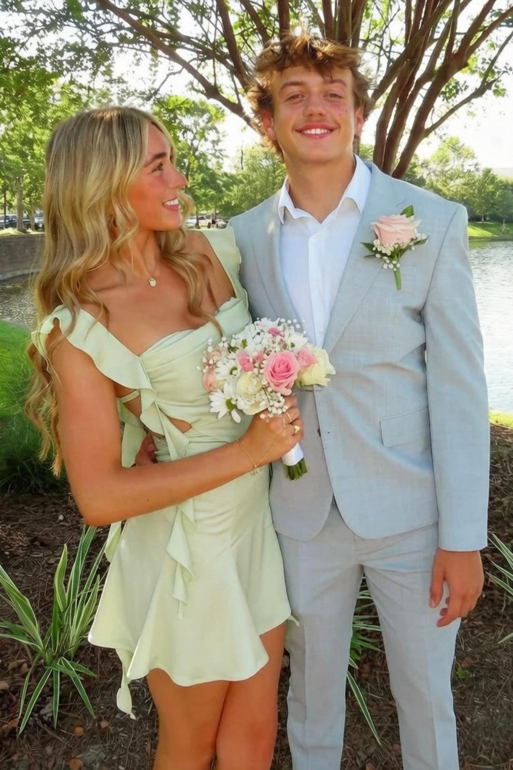 Blush Pink Ruffle Strap Mini Homecoming Dress with Side Cutouts