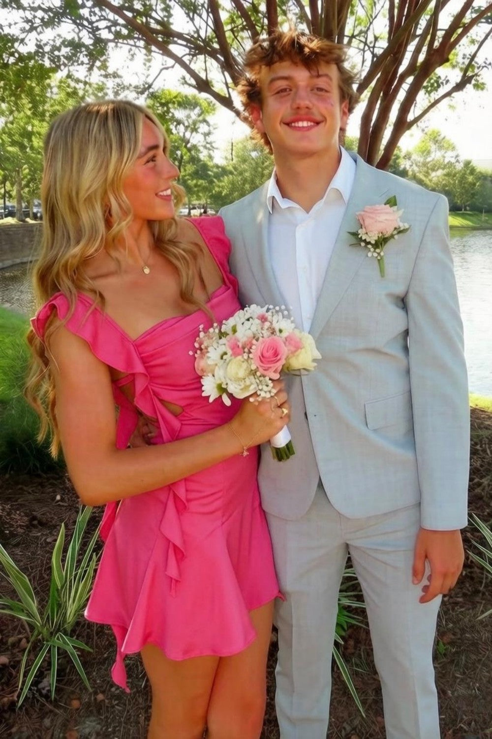 Blush Pink Ruffle Strap Mini Homecoming Dress with Side Cutouts