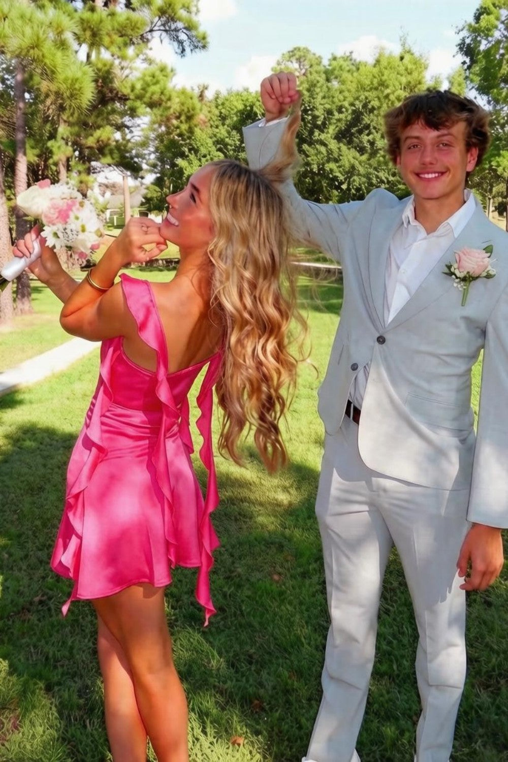 Blush Pink Ruffle Strap Mini Homecoming Dress with Side Cutouts