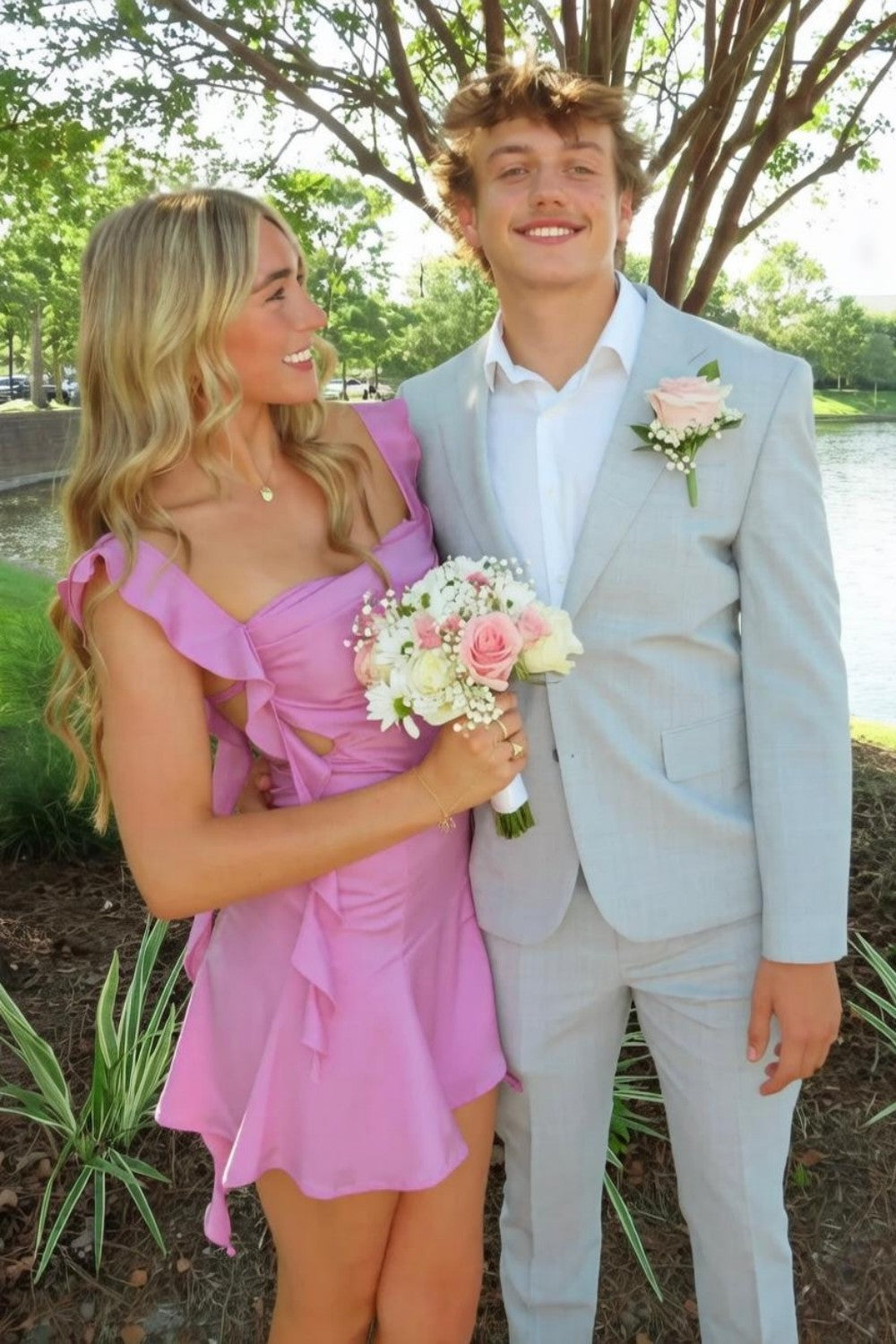 Blush Pink Ruffle Strap Mini Homecoming Dress with Side Cutouts