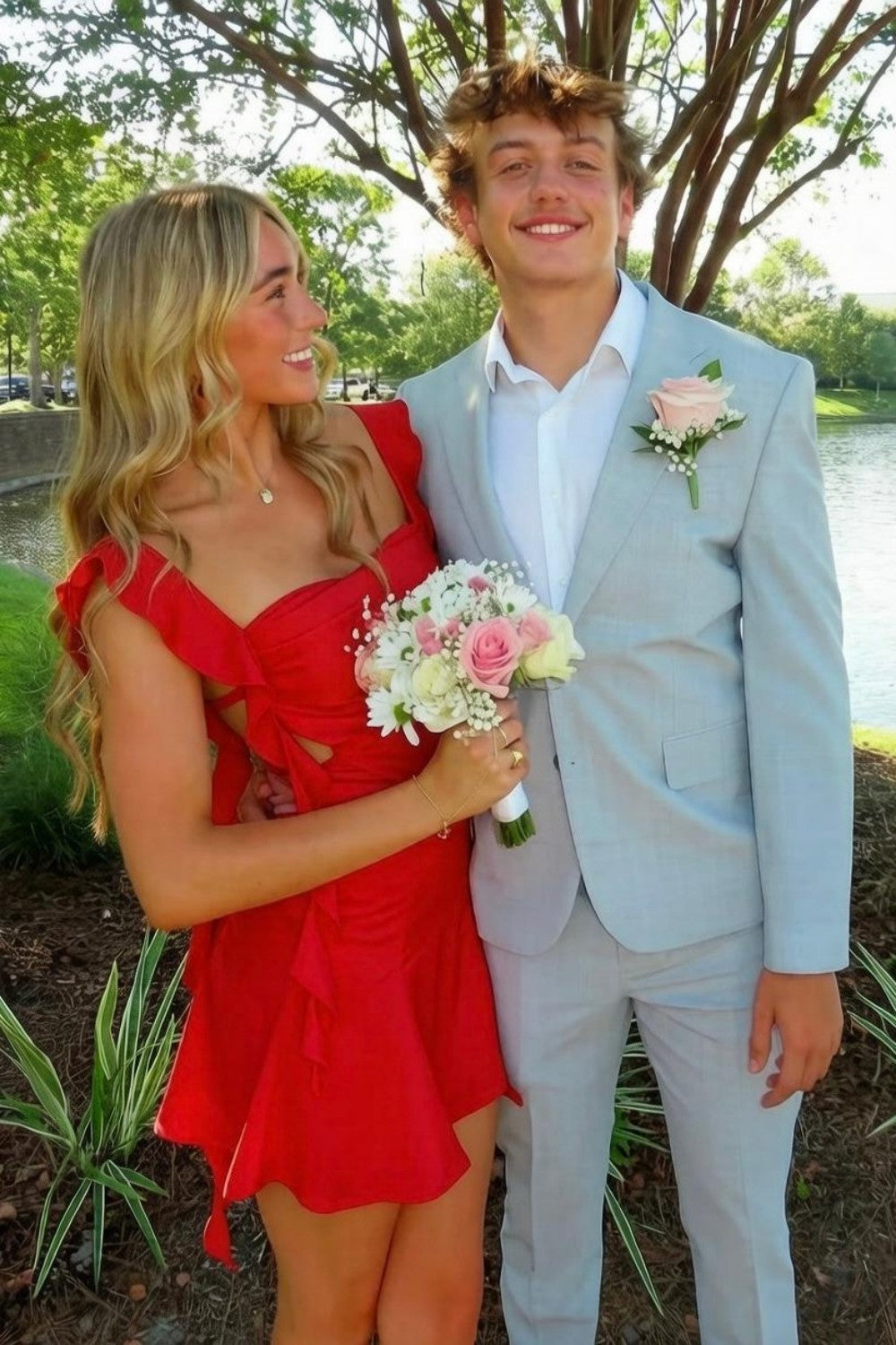 Blush Pink Ruffle Strap Mini Homecoming Dress with Side Cutouts