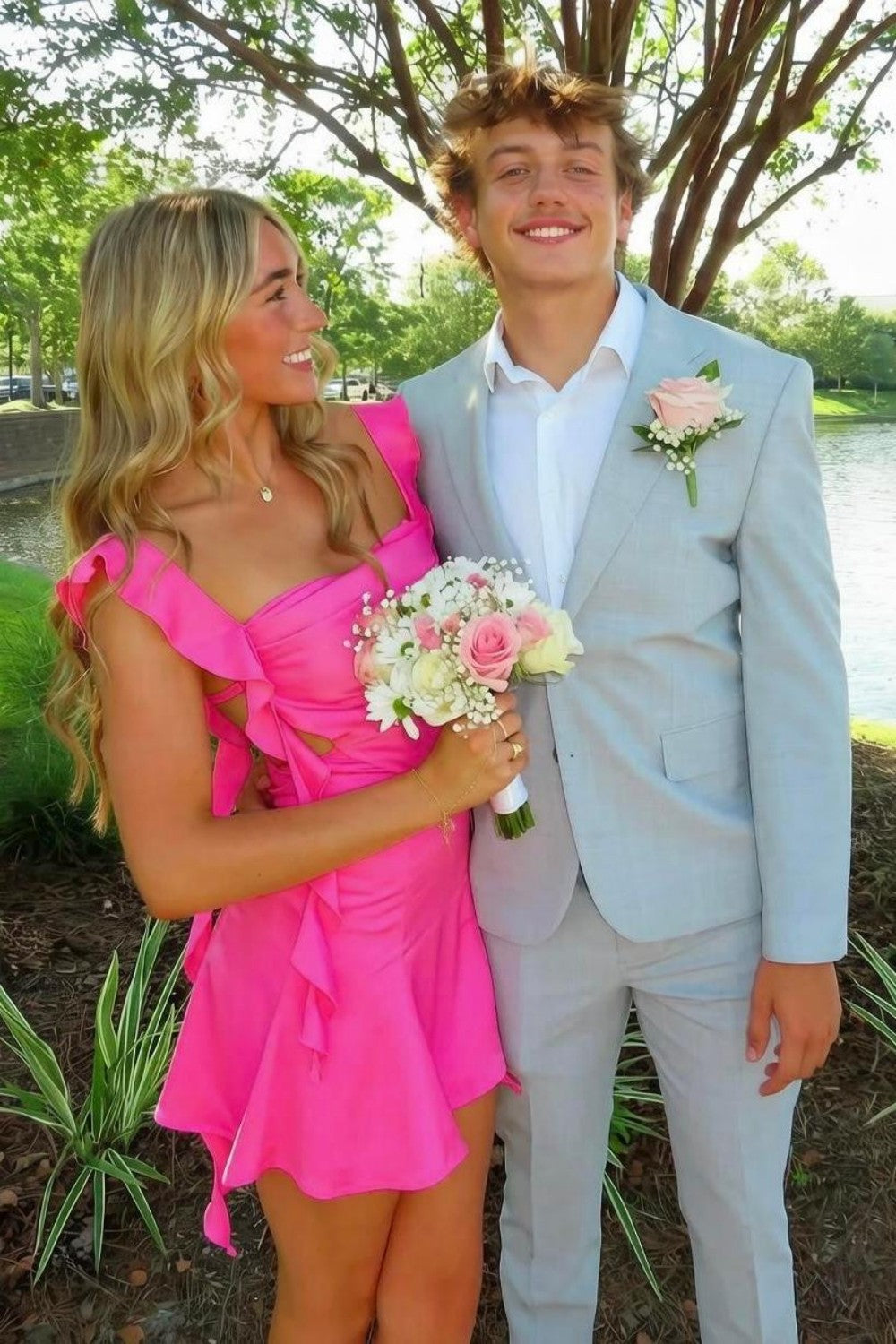 Blush Pink Ruffle Strap Mini Homecoming Dress with Side Cutouts