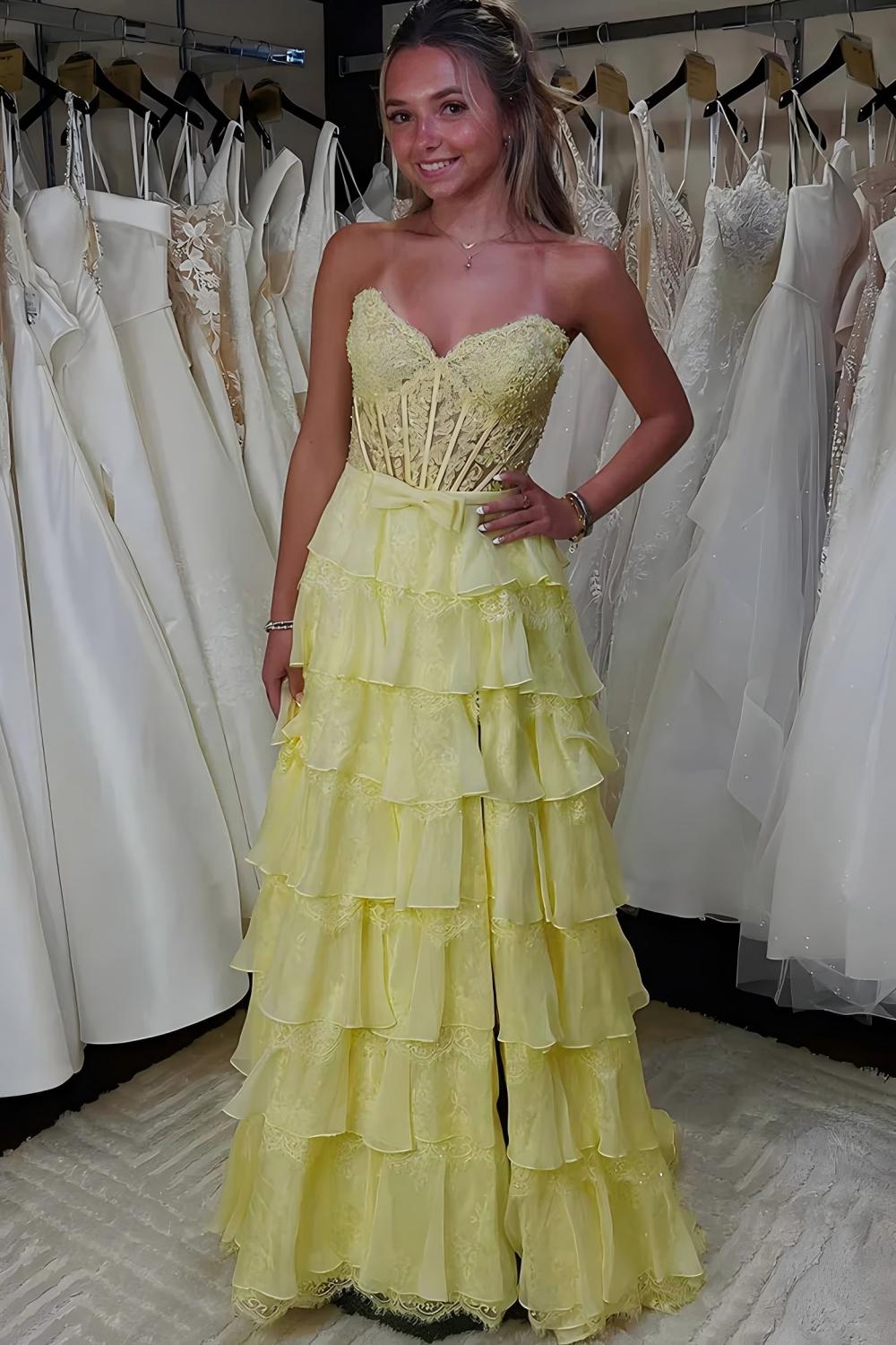 Blush Pink A-Line Lace Corset Prom Dress with Tiered Ruffle Skirt & Slit