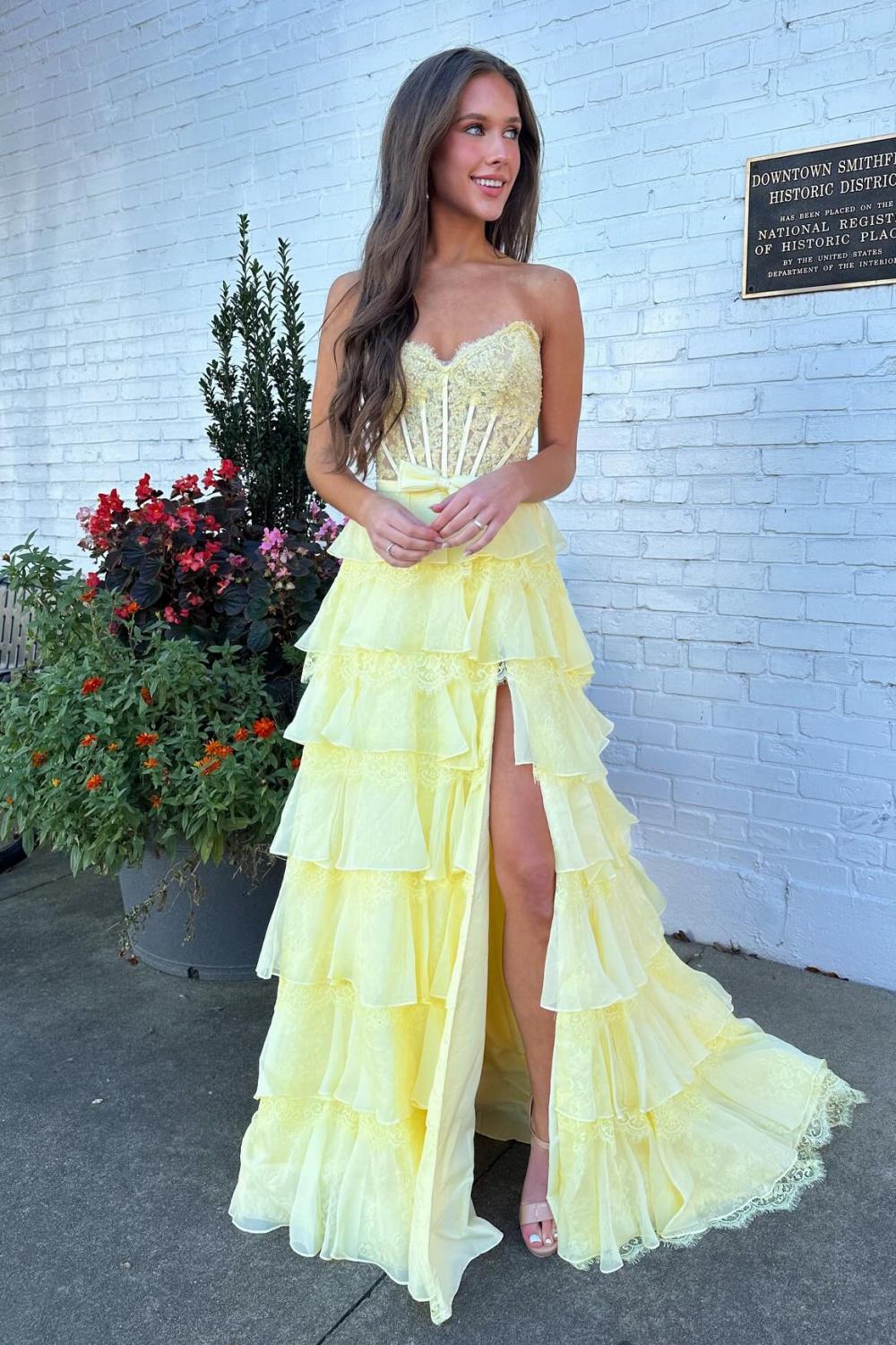 Blush Pink A-Line Lace Corset Prom Dress with Tiered Ruffle Skirt & Slit