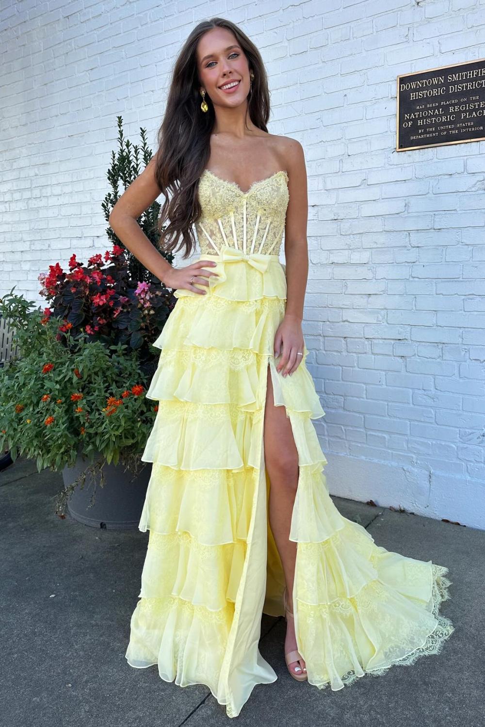 Blush Pink A-Line Lace Corset Prom Dress with Tiered Ruffle Skirt & Slit