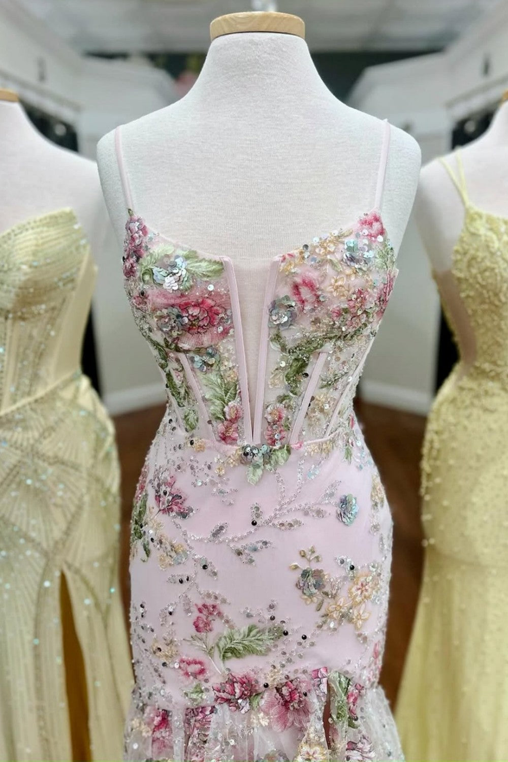 Blush Floral Appliqué Mermaid Prom Dress with Sheer Corset Bodice and High Slit