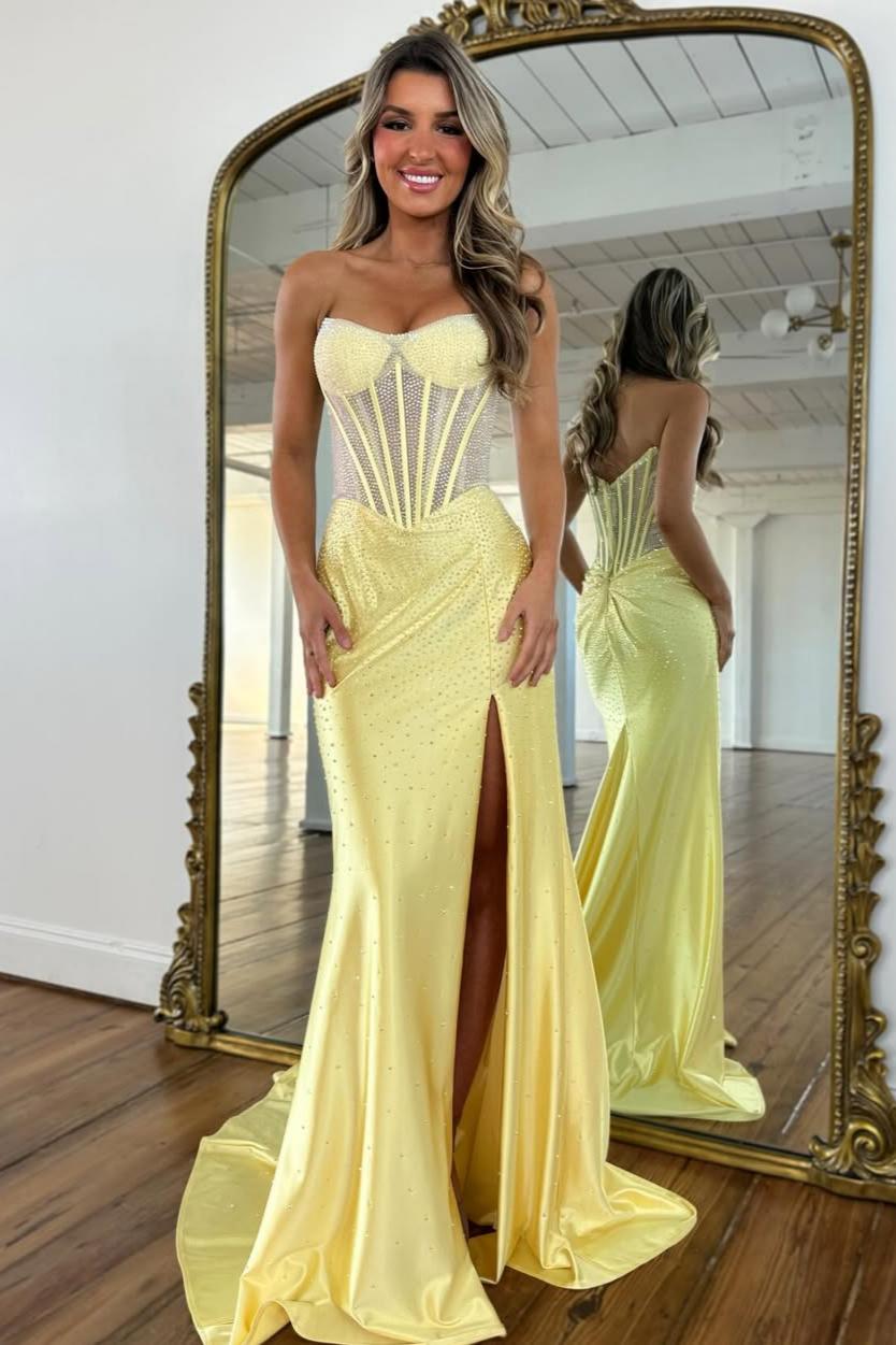 Blush Pink Crystal Beaded Strapless Prom Gown with Corset Bodice & Slit