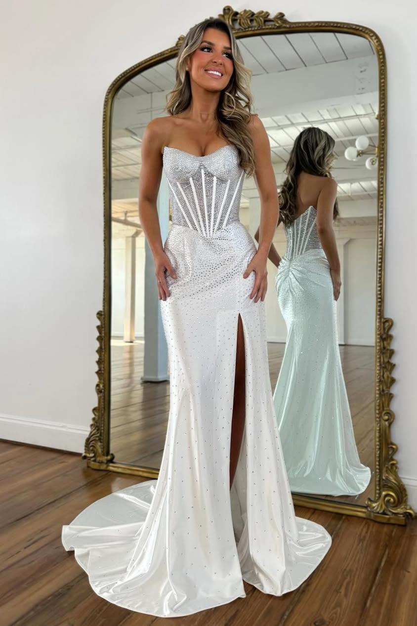 Blush Pink Crystal Beaded Strapless Prom Gown with Corset Bodice & Slit
