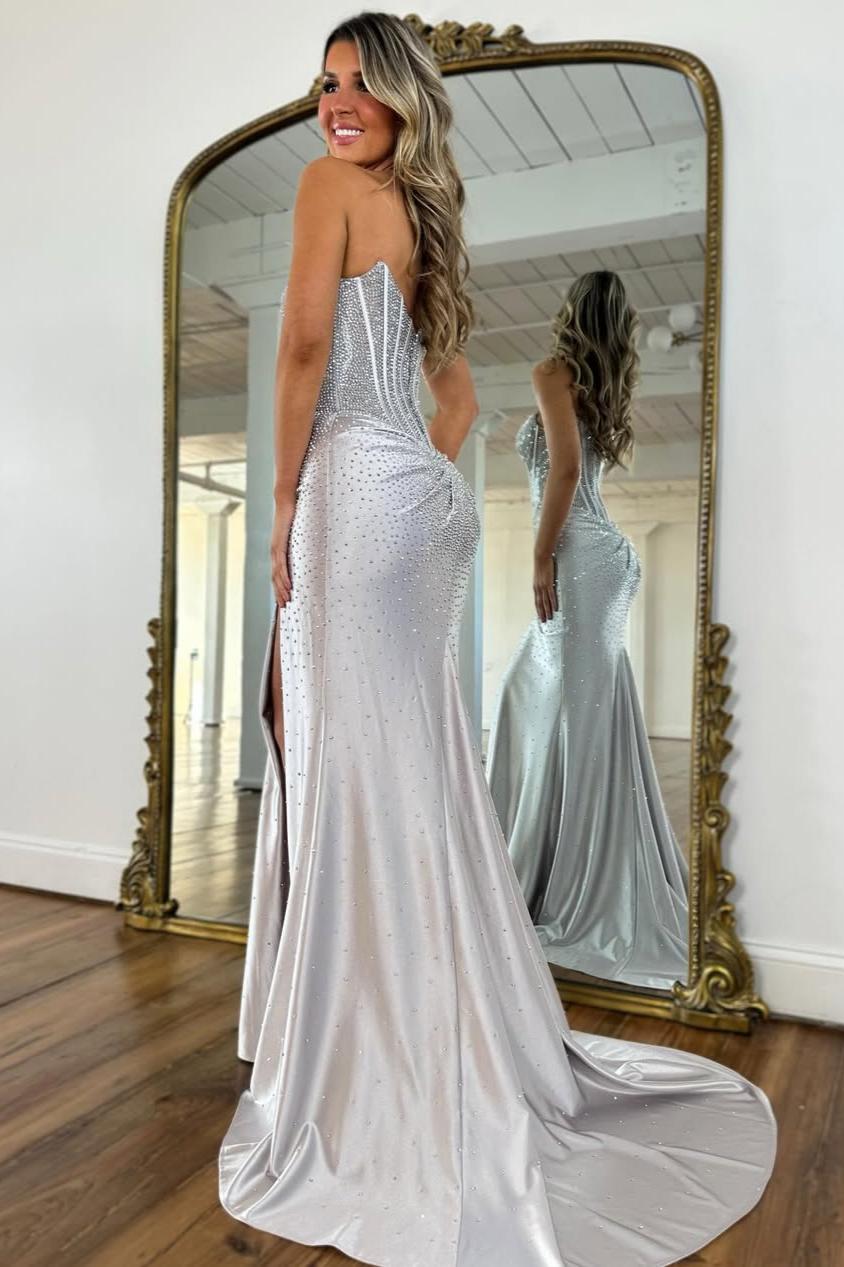 Blush Pink Crystal Beaded Strapless Prom Gown with Corset Bodice & Slit
