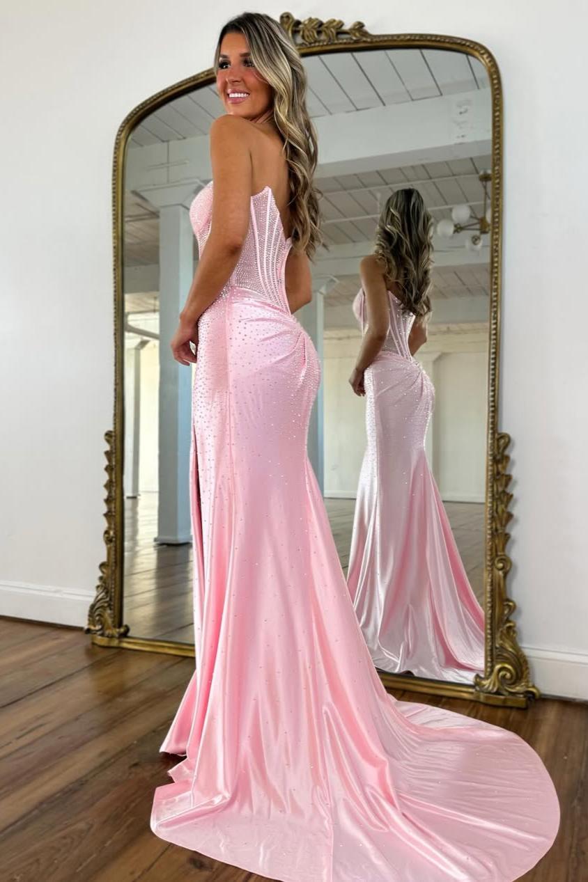 Blush Pink Crystal Beaded Strapless Prom Gown with Corset Bodice & Slit