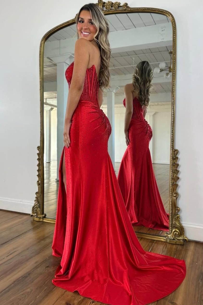 Blush Pink Crystal Beaded Strapless Prom Gown with Corset Bodice & Slit