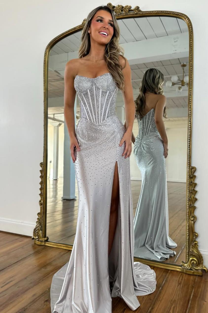 Blush Pink Crystal Beaded Strapless Prom Gown with Corset Bodice & Slit