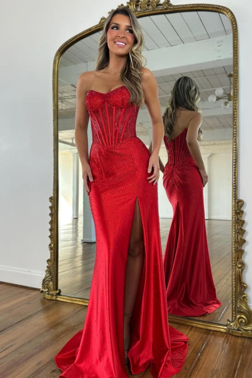 Blush Pink Crystal Beaded Strapless Prom Gown with Corset Bodice & Slit