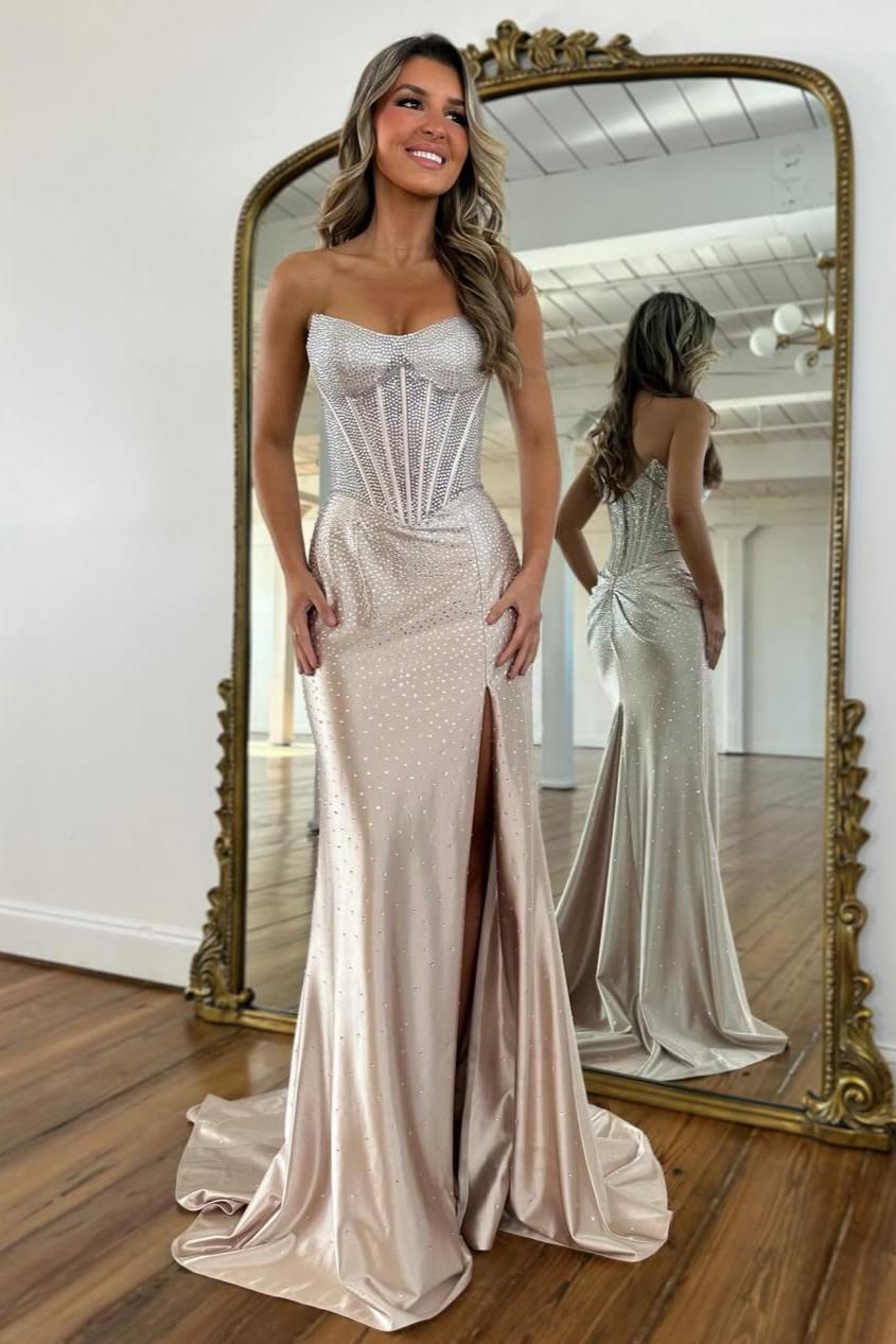 Blush Pink Crystal Beaded Strapless Prom Gown with Corset Bodice & Slit
