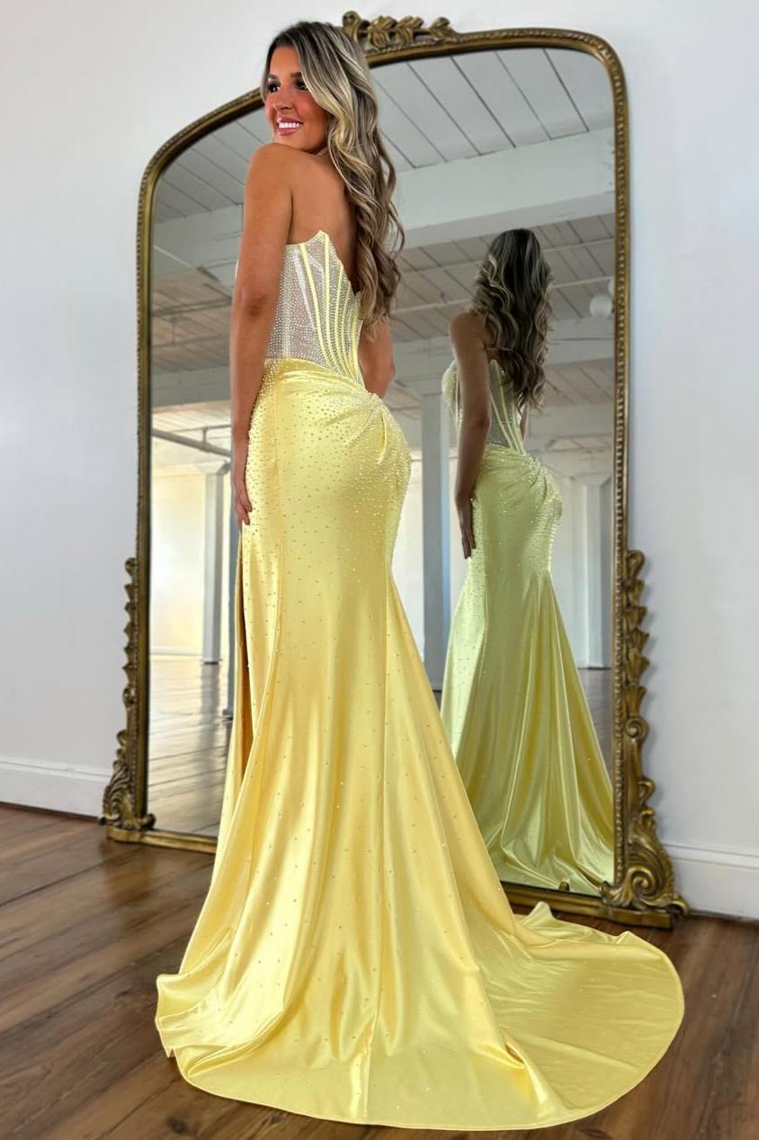 Blush Pink Crystal Beaded Strapless Prom Gown with Corset Bodice & Slit