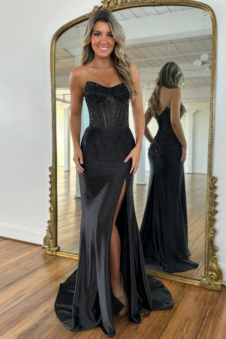 Blush Pink Crystal Beaded Strapless Prom Gown with Corset Bodice & Slit