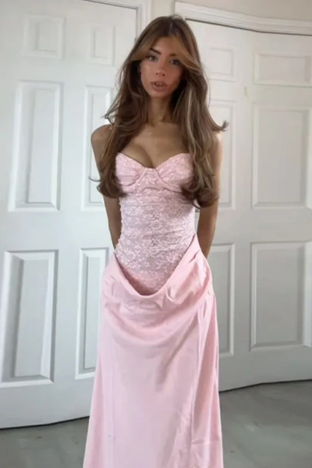 Blush Pink Lace Corset Satin Prom Dress with Draped Waist Detail