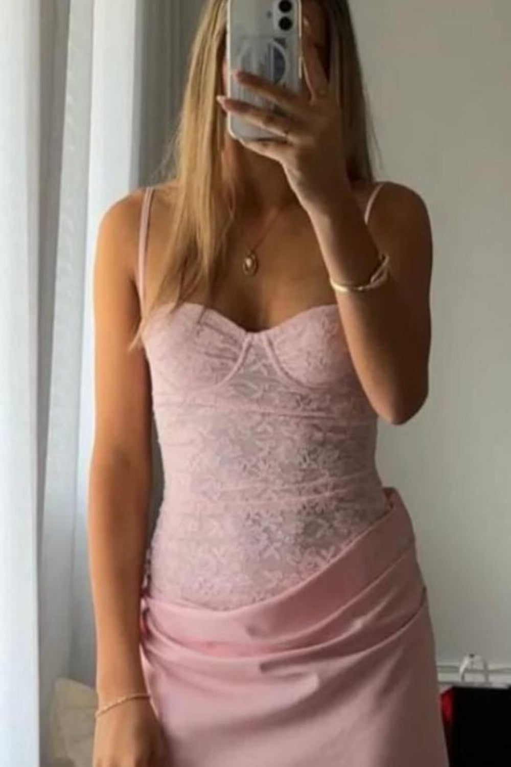 Blush Pink Lace Corset Satin Prom Dress with Draped Waist Detail