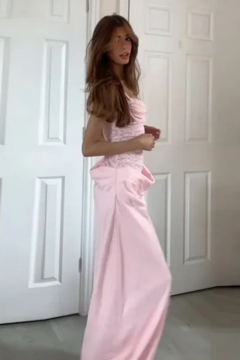 Blush Pink Lace Corset Satin Prom Dress with Draped Waist Detail