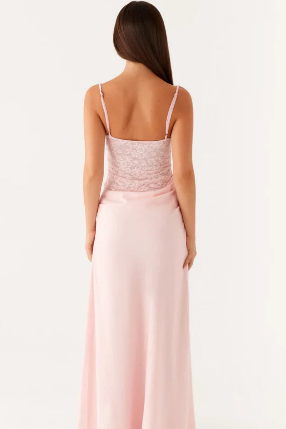 Blush Pink Lace Corset Satin Prom Dress with Draped Waist Detail