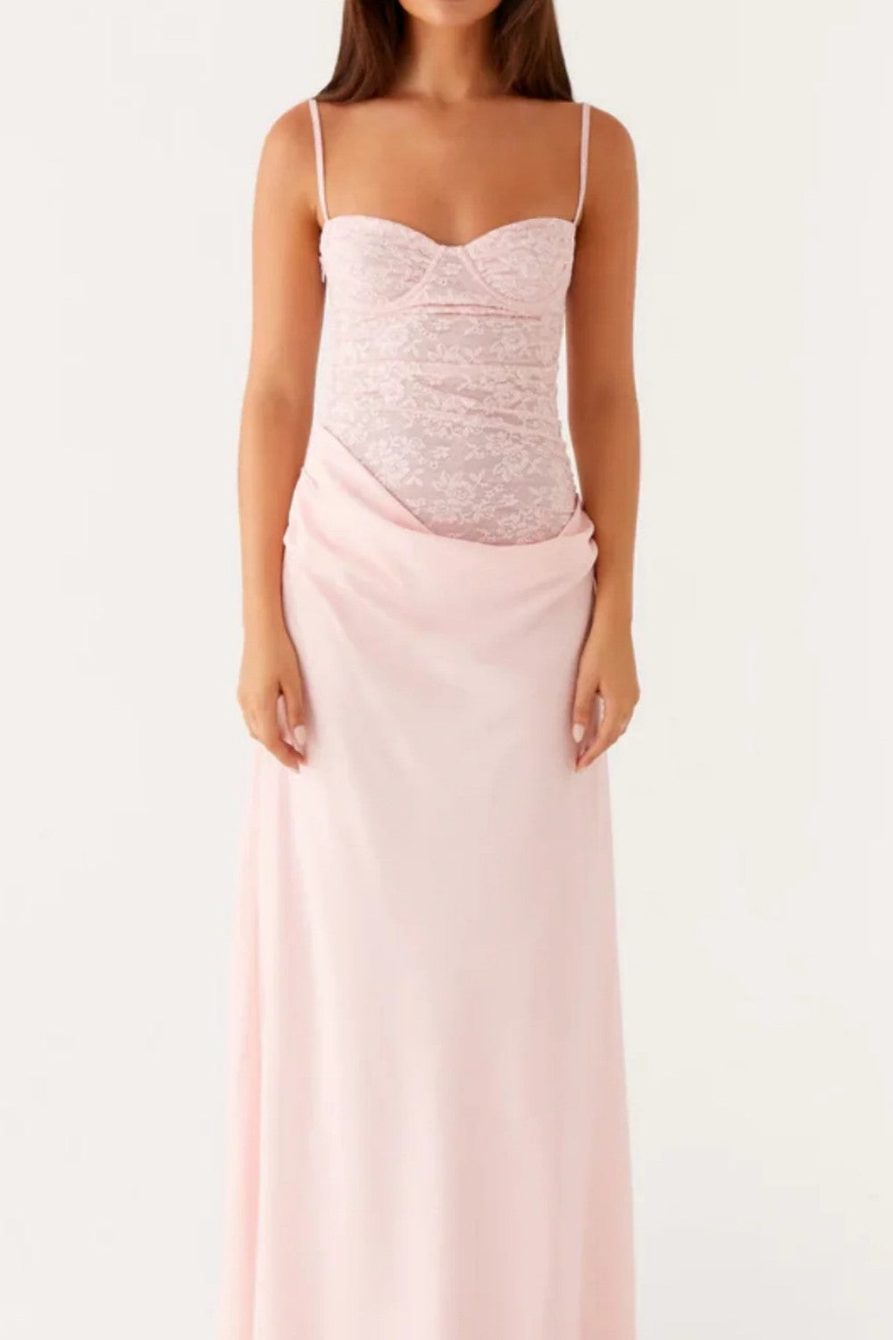 Blush Pink Lace Corset Satin Prom Dress with Draped Waist Detail