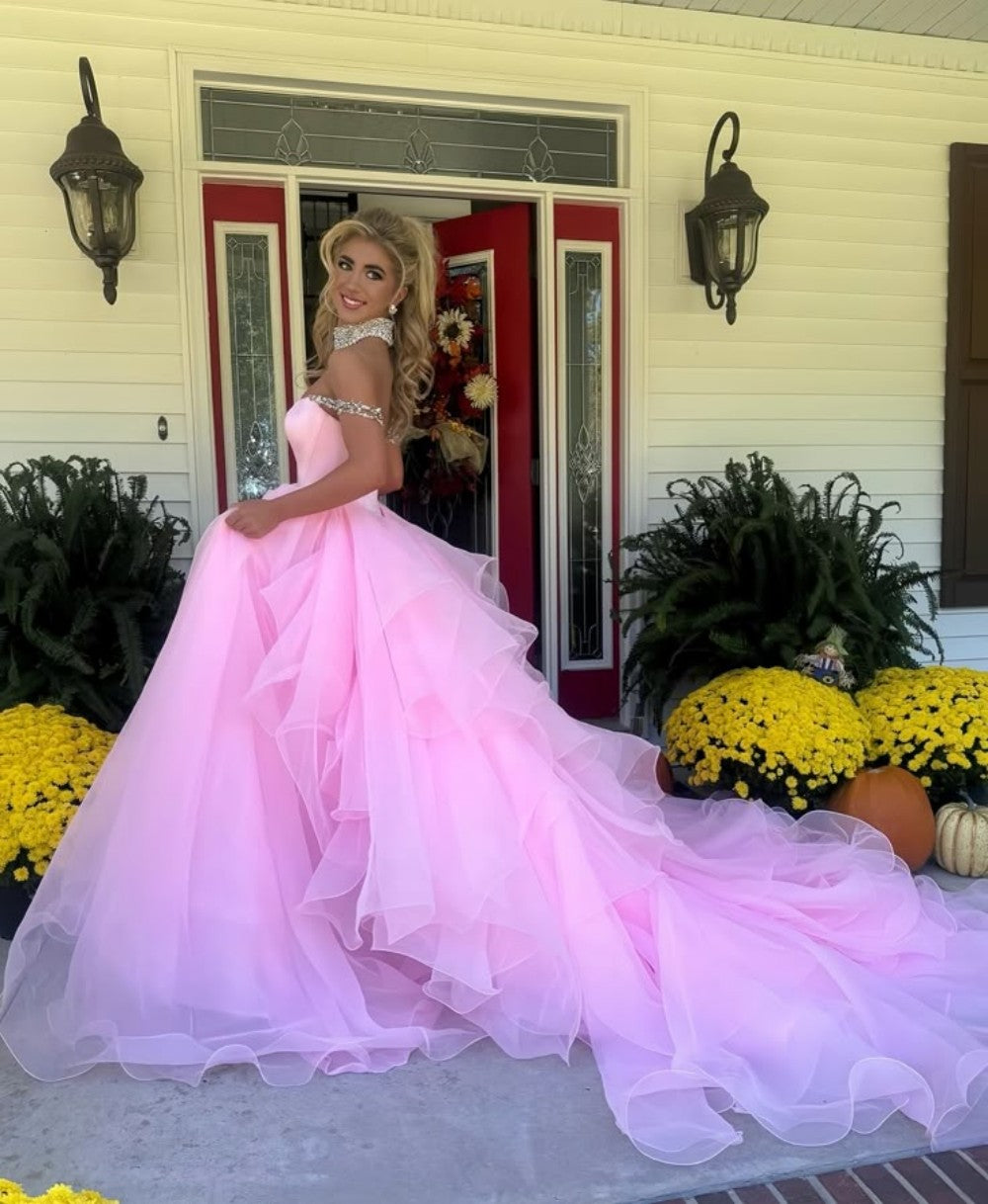 Blush Pink Off-the-Shoulder Ball Gown with Crystal Embellishments