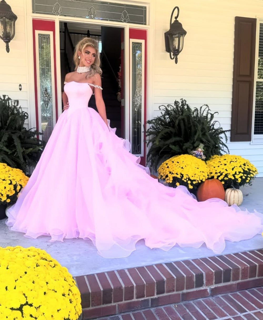 Blush Pink Off-the-Shoulder Ball Gown with Crystal Embellishments
